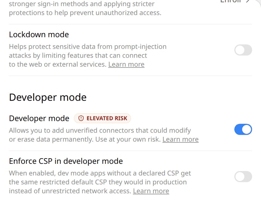 Activar Developer mode en Security and login