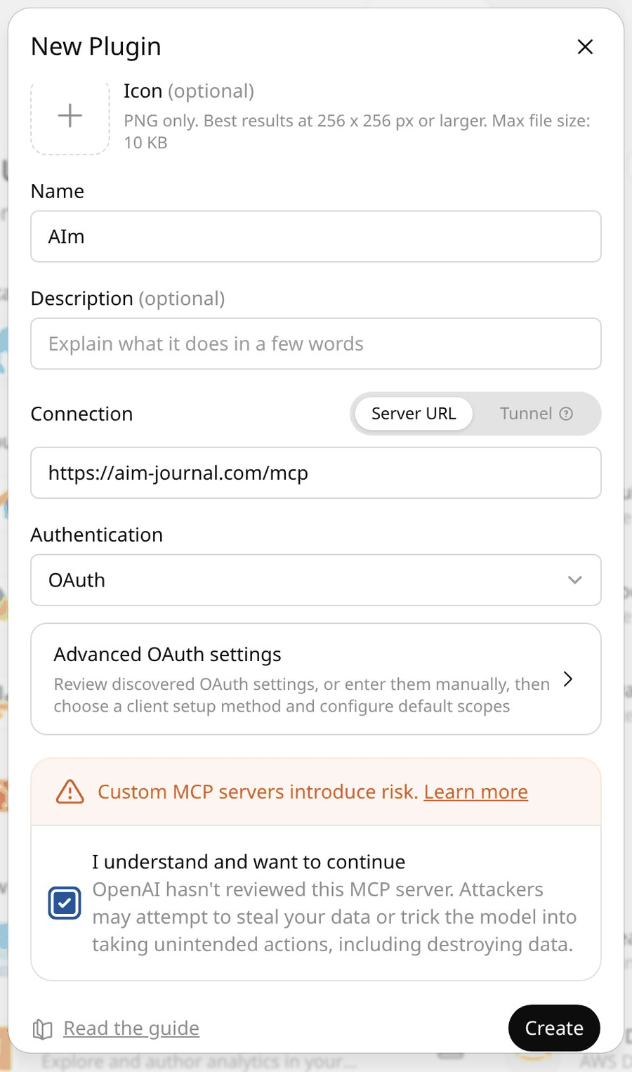 Rellenar el formulario New Plugin con la dirección de AIm y OAuth